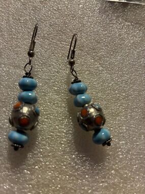 Blue Beaded Drop Earrings with Silver-Tone Accents